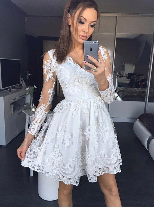 Long Homecoming Dresses Lucia A Line Lace Sleeve White Deep V Neck Pleated Sheer Short