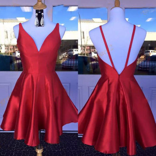 Deep V Neck Red Straps Homecoming Dresses Gracie Satin A Line Backless Sleeveless Pleated