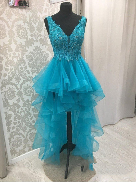 Blue V Novia Homecoming Dresses Neck High Low Organza Pleated Appliques Backless Sleeveless