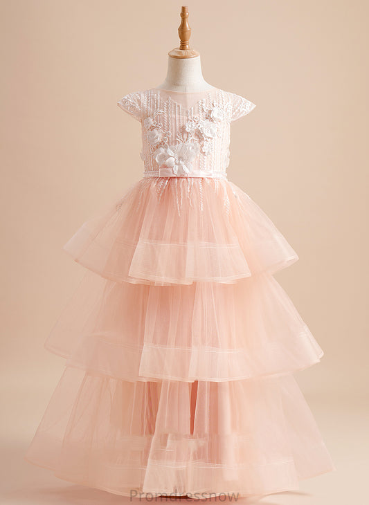 Short Ball-Gown/Princess Floor-length With Beading/Flower(s)/Bow(s) Scoop Sariah Tulle Sleeves Girl Dress Flower Girl Dresses - Flower Neck