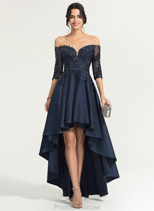 Asymmetrical Off-the-Shoulder Prom Dresses A-Line Lace Meadow Sequins With Satin