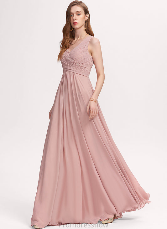 Floor-Length A-Line Pleated Prom Dresses With Kylee V-neck Chiffon