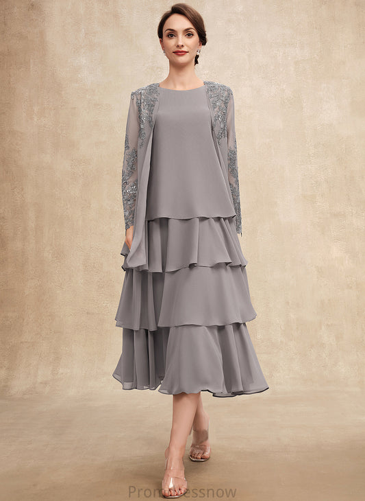 Lexi Neck Bride Chiffon of Mother Tea-Length Scoop Ruffles A-Line Dress Cascading With Mother of the Bride Dresses the