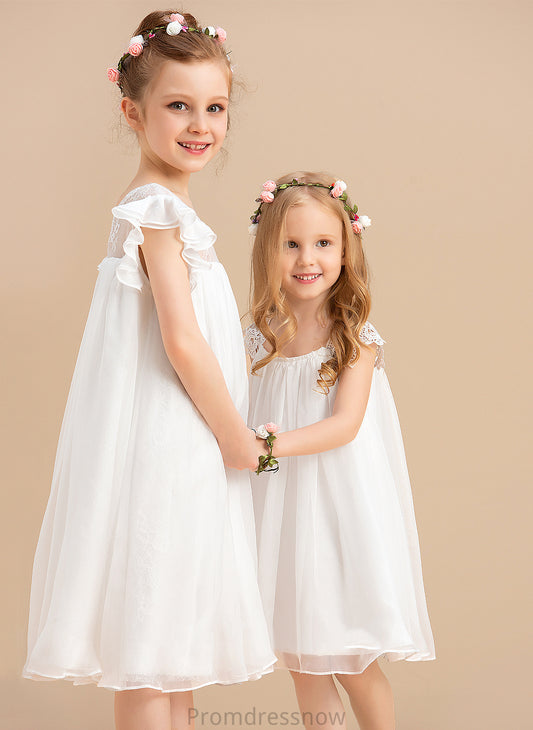 Chiffon Neck Sleeves Flower Girl Dresses With Salome Girl Lace Short Knee-length Dress - Scoop A-Line Flower