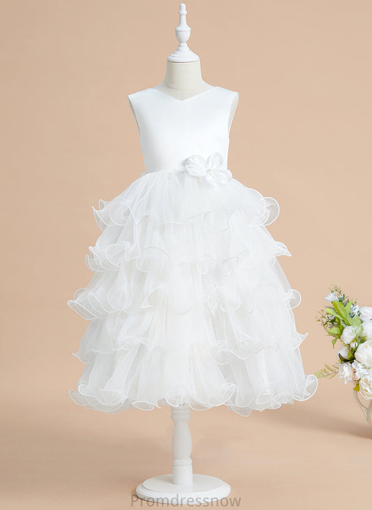 Sleeveless Bow(s) Flower Ball-Gown/Princess - Dress Flower Girl Dresses Natalie Tea-length Satin/Tulle V-neck With Girl