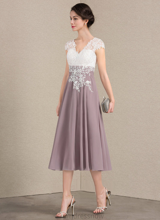 Mother of the Bride Dresses the Tea-Length Dress A-Line Bride Mother Lace V-neck Chiffon Maya of