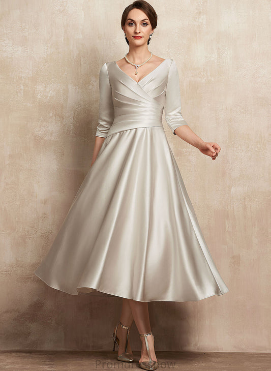 of With Ruffle Mother A-Line Bride V-neck the Dress Tea-Length Thalia Mother of the Bride Dresses Satin