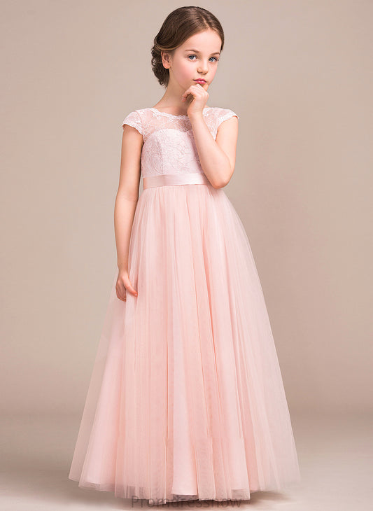 With Scoop Bow(s) A-Line Tulle Parker Floor-Length Lace Neck Junior Bridesmaid Dresses