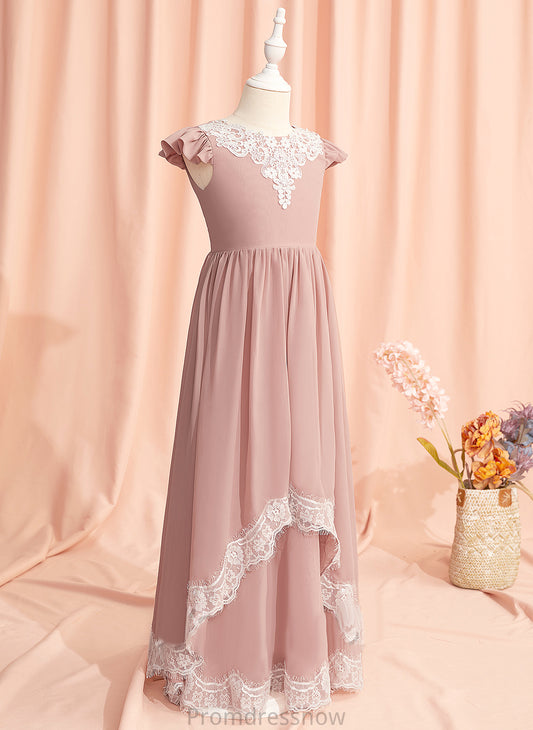 - Girl With Scoop Neck Dress Mariam Sleeves A-Line Back Chiffon/Lace Flower Lace/V Short Floor-length Flower Girl Dresses
