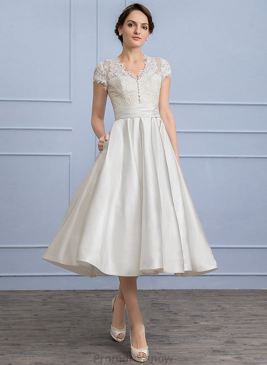 Dress Ellie Satin A-Line Wedding Tea-Length Lace Wedding Dresses Ruffle With V-neck