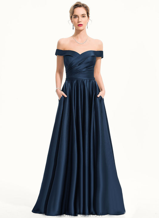 Satin Hallie Train With Prom Dresses Ball-Gown/Princess Pleated Sweep Off-the-Shoulder