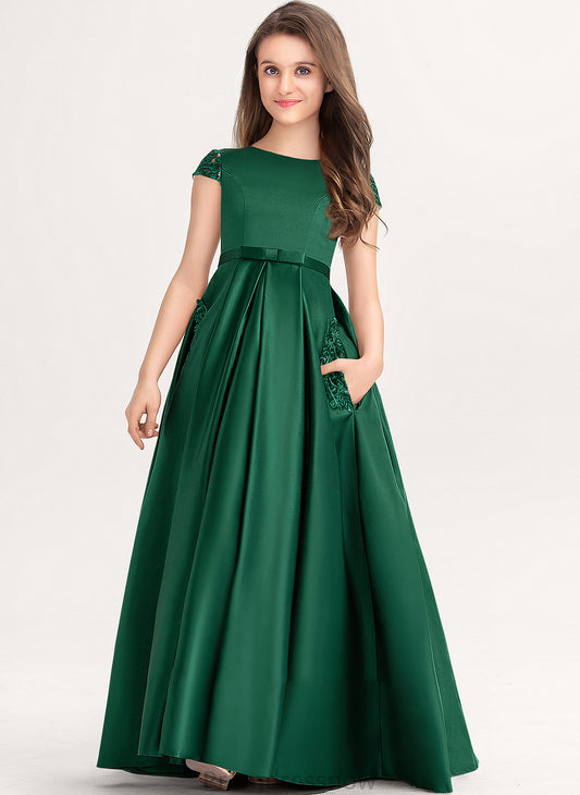 Floor-Length Lace Satin Ball-Gown/Princess Scoop Neck Bow(s) With Junior Bridesmaid Dresses Jean Pockets