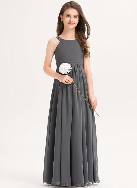 A-Line Chiffon Scoop With Floor-Length Ruffle Junior Bridesmaid Dresses Lace Dulce Neck