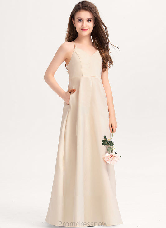 V-neck Floor-Length Ariella With A-Line Junior Bridesmaid Dresses Pockets Satin