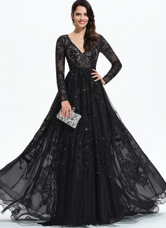 Ball-Gown/Princess V-neck Tulle With Lace Train Sequins Prom Dresses Sweep Alaina