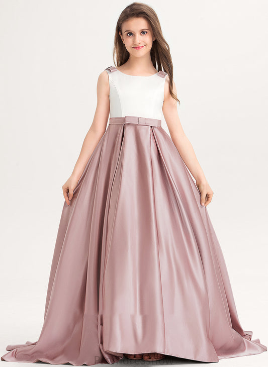 Junior Bridesmaid Dresses Bow(s) With Scoop Ball-Gown/Princess Pockets Neck Satin Train Sophia Sweep