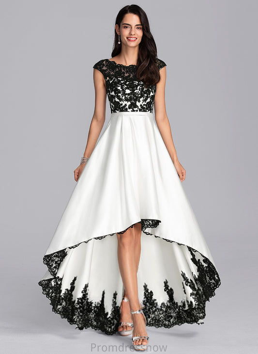 A-Line Satin Illusion Prom Dresses Lace Scoop Asymmetrical Justine