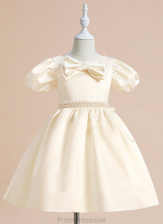 Dress Girl Beading/Bow(s) Marlie Short Ball-Gown/Princess - Satin Knee-length Flower Girl Dresses With Flower V-neck Sleeves