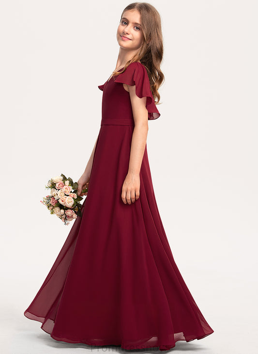 Ruffles With Junior Bridesmaid Dresses A-Line Chiffon Cascading Jewel V-neck Floor-Length