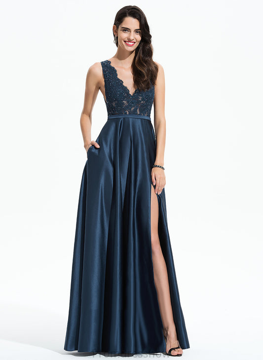 Lace Emelia With Floor-Length Satin Prom Dresses V-neck A-Line Sequins