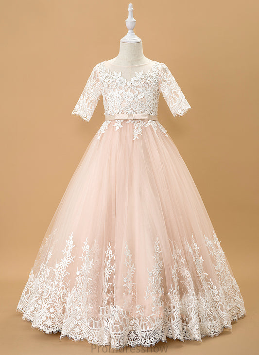 Dress With Flower Girl Dresses Scoop 1/2 - Neck Kelsey Ball-Gown/Princess Sleeves Flower Tulle/Lace Floor-length Girl Bow(s)