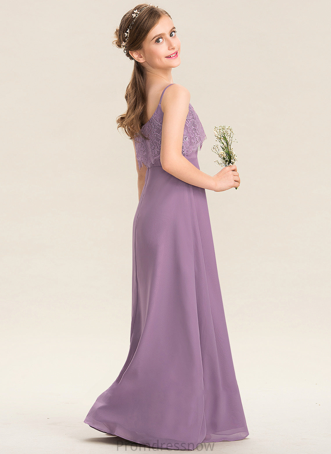 Square Chiffon A-Line Floor-Length Lace Camryn Junior Bridesmaid Dresses Neckline