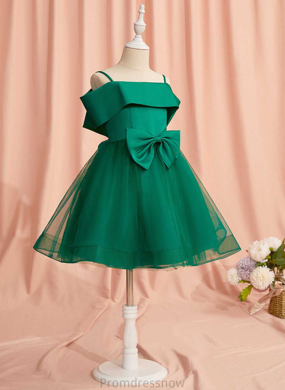 Sleeveless Satin/Tulle A-Line Girl Off-the-Shoulder Dress - Bow(s) With Flower Knee-length Andrea Flower Girl Dresses