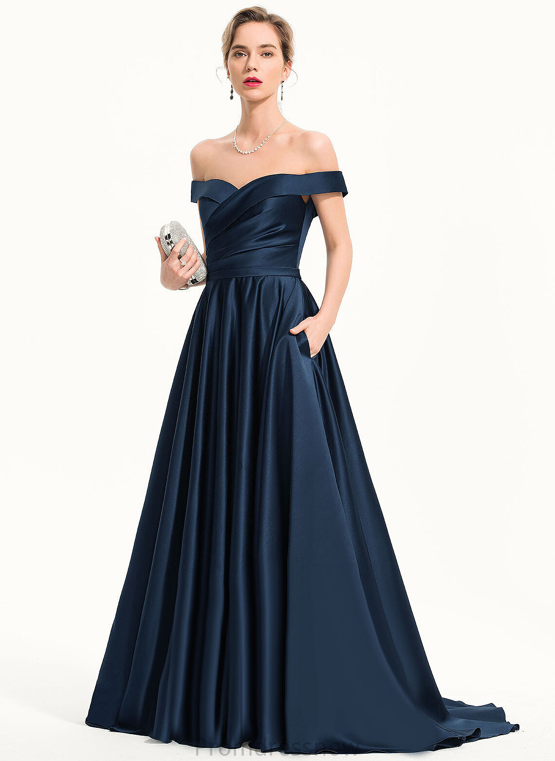 Satin Hallie Train With Prom Dresses Ball-Gown/Princess Pleated Sweep Off-the-Shoulder