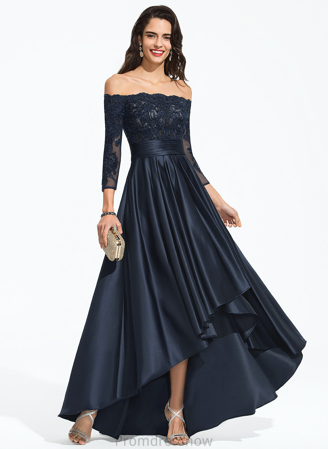 Cascading Off-the-Shoulder Asymmetrical A-Line Satin Lace Kaylie Sequins With Ruffles Prom Dresses