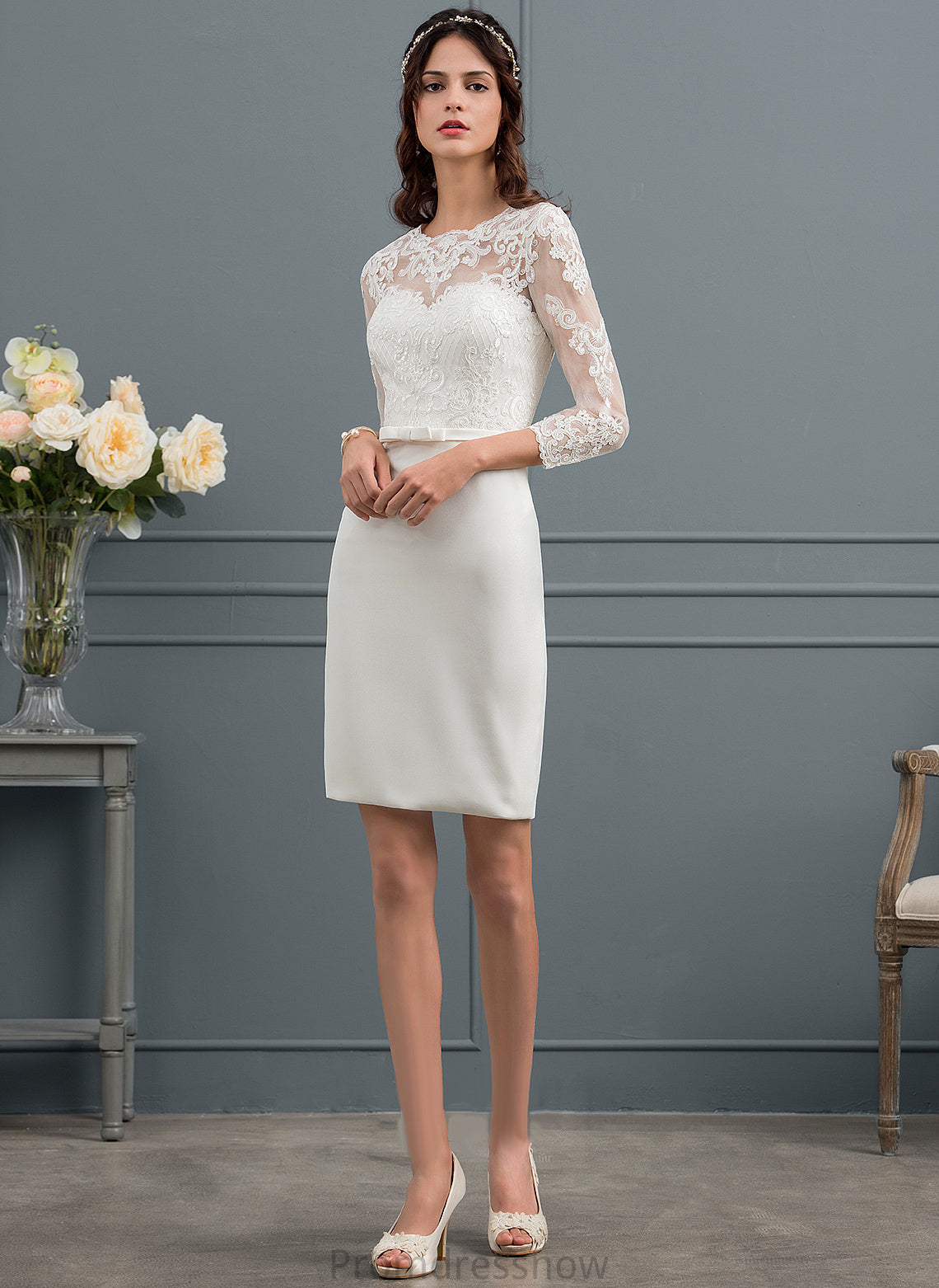 Sequins Knee-Length Sheath/Column Adrienne Wedding Dresses Illusion With Wedding Lace Bow(s) Dress