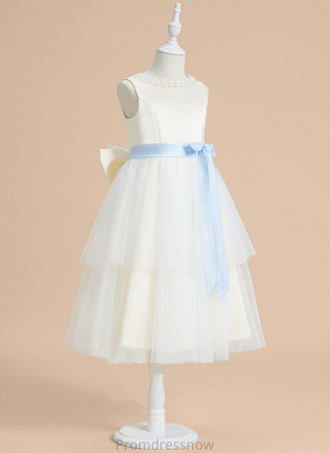 A-Line Sash/Beading/Bow(s) With Flower Girl Dresses Girl Sleeveless Audrey - Flower Satin/Tulle Dress Scoop Neck Tea-length