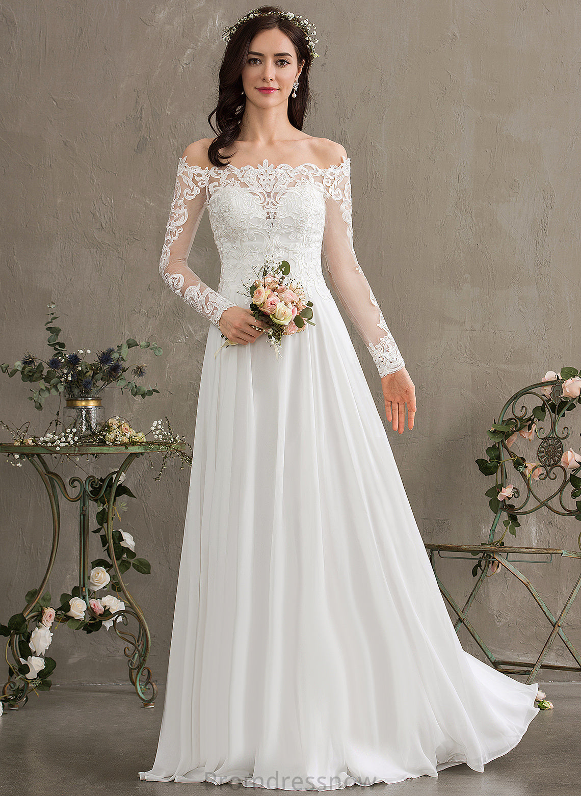 Floor-Length Dress Charity Wedding Dresses Off-the-Shoulder Chiffon Wedding A-Line Lace