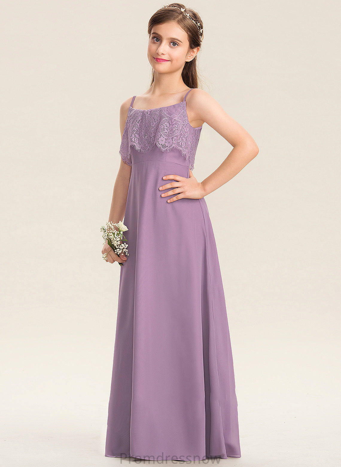Square Chiffon A-Line Floor-Length Lace Camryn Junior Bridesmaid Dresses Neckline