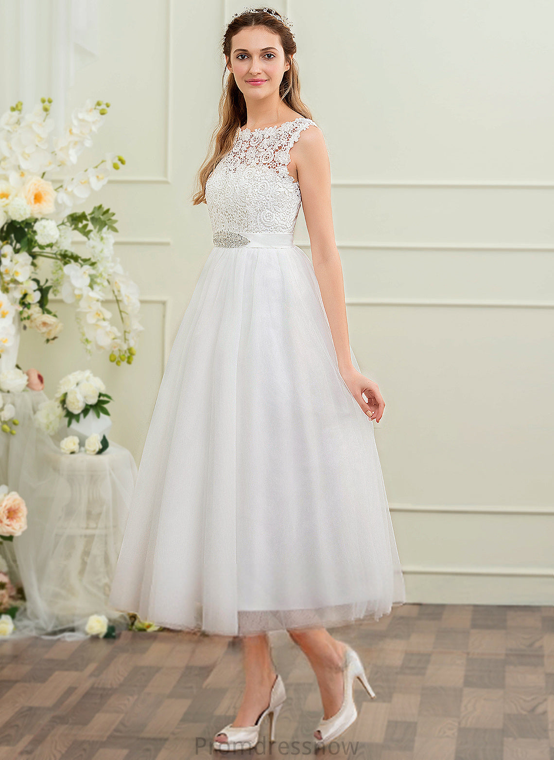 Wedding Dresses Satin Dress Tea-Length Ball-Gown/Princess Wedding With Stephany Lace Beading Sequins Tulle