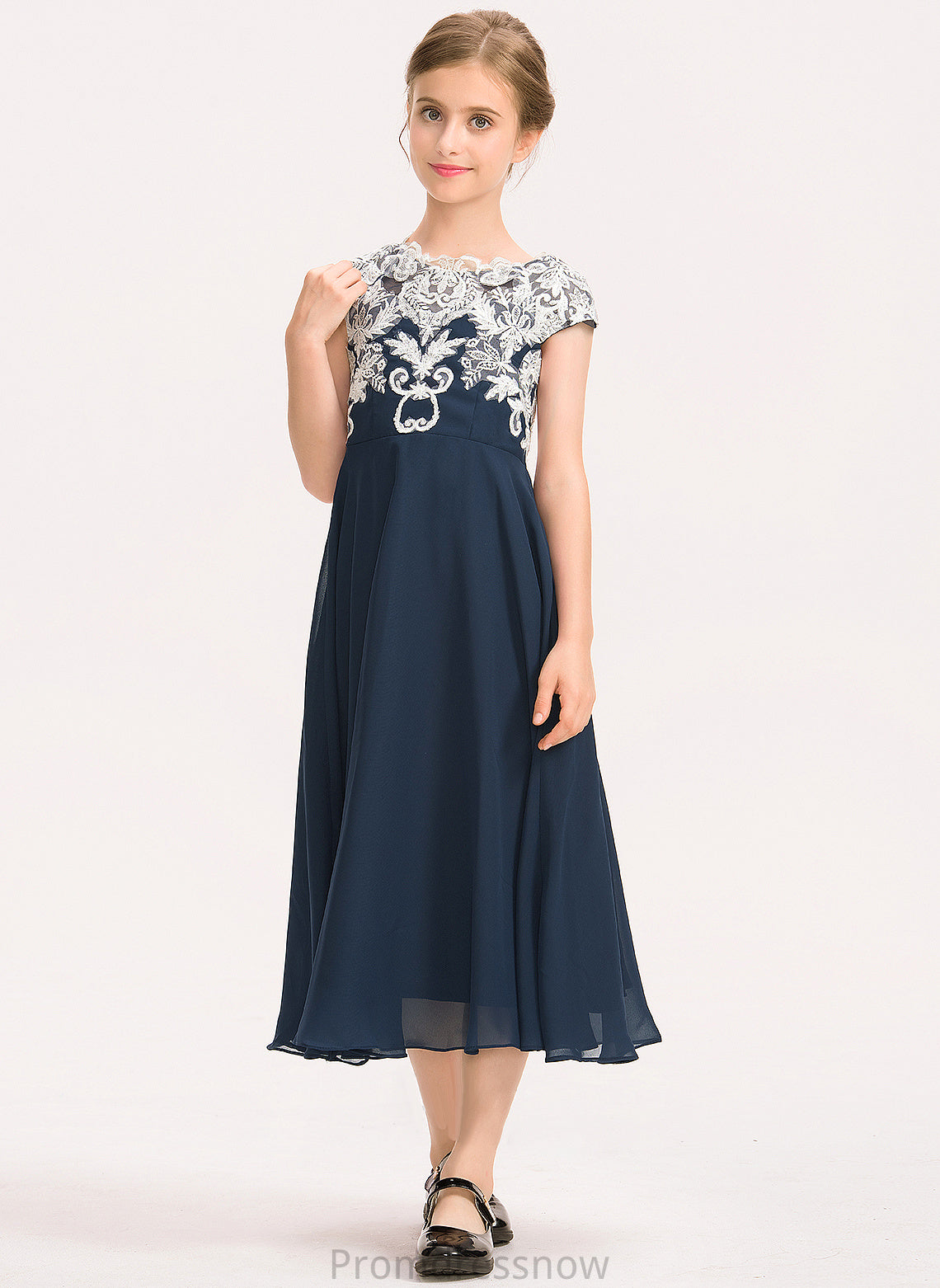 A-Line Neck Lace Junior Bridesmaid Dresses Chiffon Tea-Length Hortensia Scoop