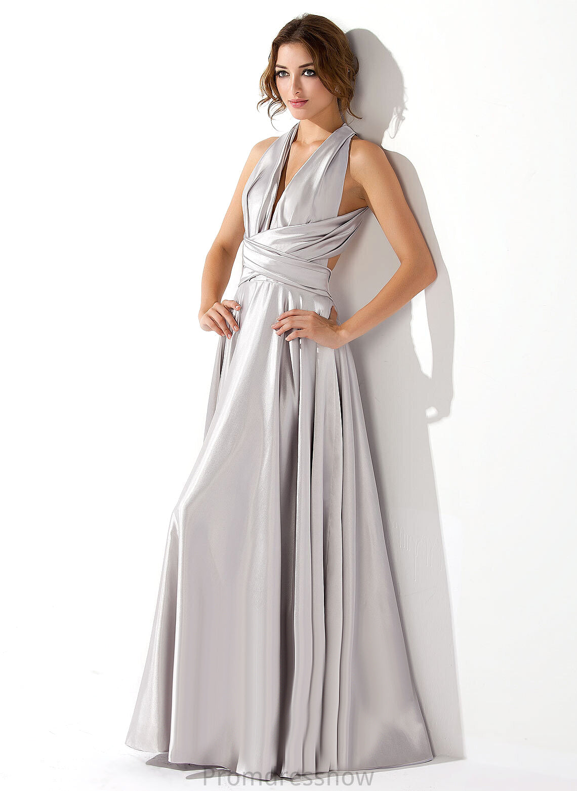Pleated Charmeuse Floor-Length Prom Dresses V-neck With Ryan A-Line