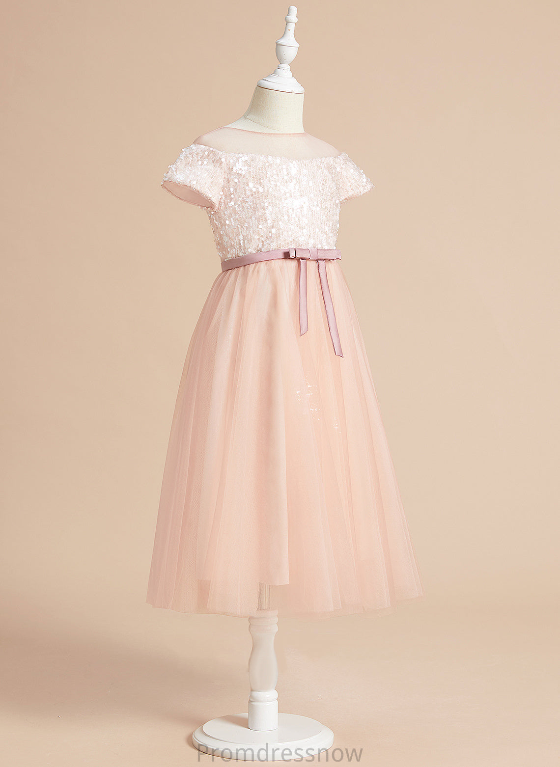 A-Line Tulle Sash/Bow(s) Neck Short Flower Girl Dresses Sleeves - Girl Tea-length Dress Michelle Scoop With Flower
