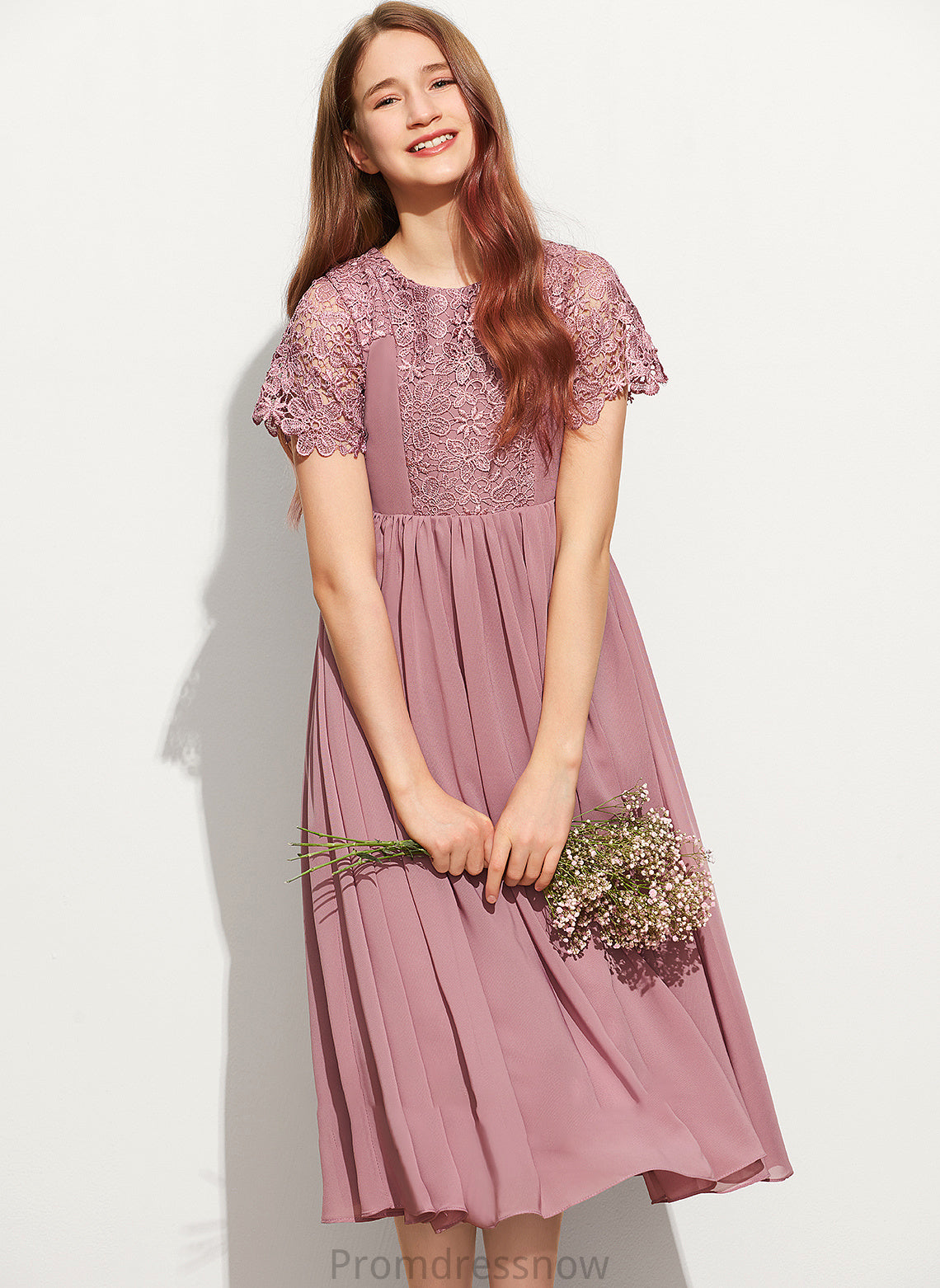Lace Chiffon Neck Scoop Tea-Length A-Line Junior Bridesmaid Dresses Gwen