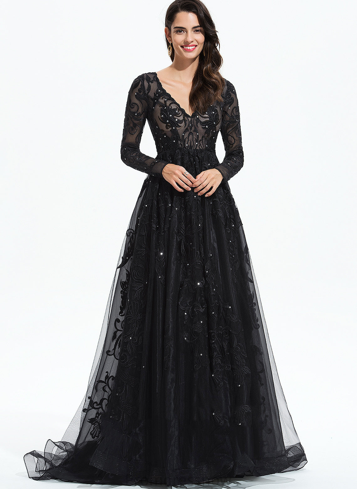 Ball-Gown/Princess V-neck Tulle With Lace Train Sequins Prom Dresses Sweep Alaina