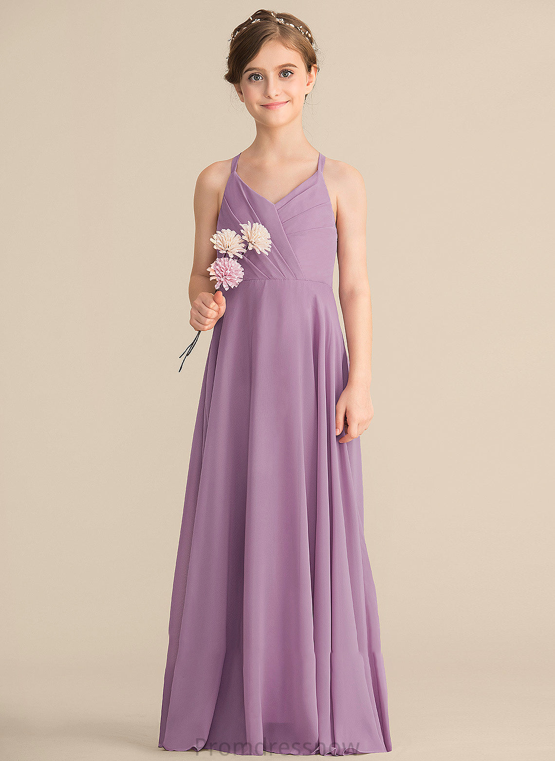 V-neck Ruffles A-Line Chiffon Junior Bridesmaid Dresses Floor-Length With Cascading Persis