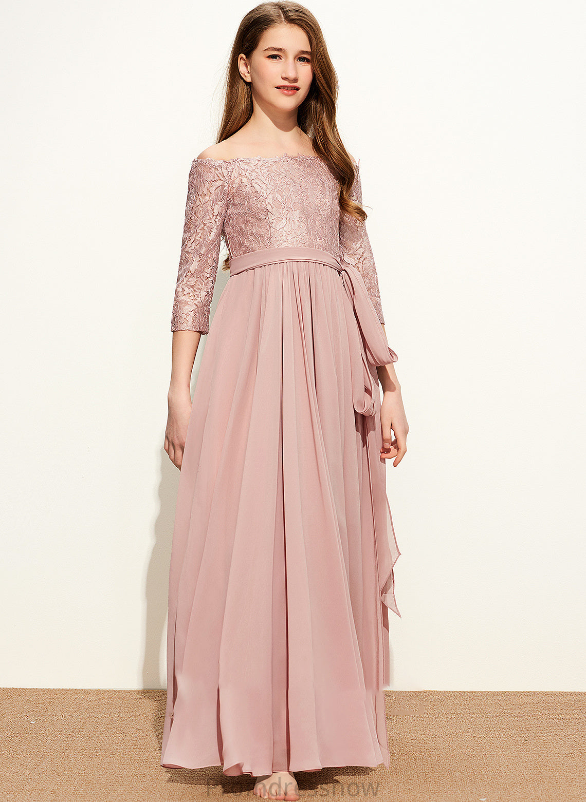 Off-the-Shoulder A-Line Chiffon Taniyah Floor-Length With Lace Bow(s) Junior Bridesmaid Dresses