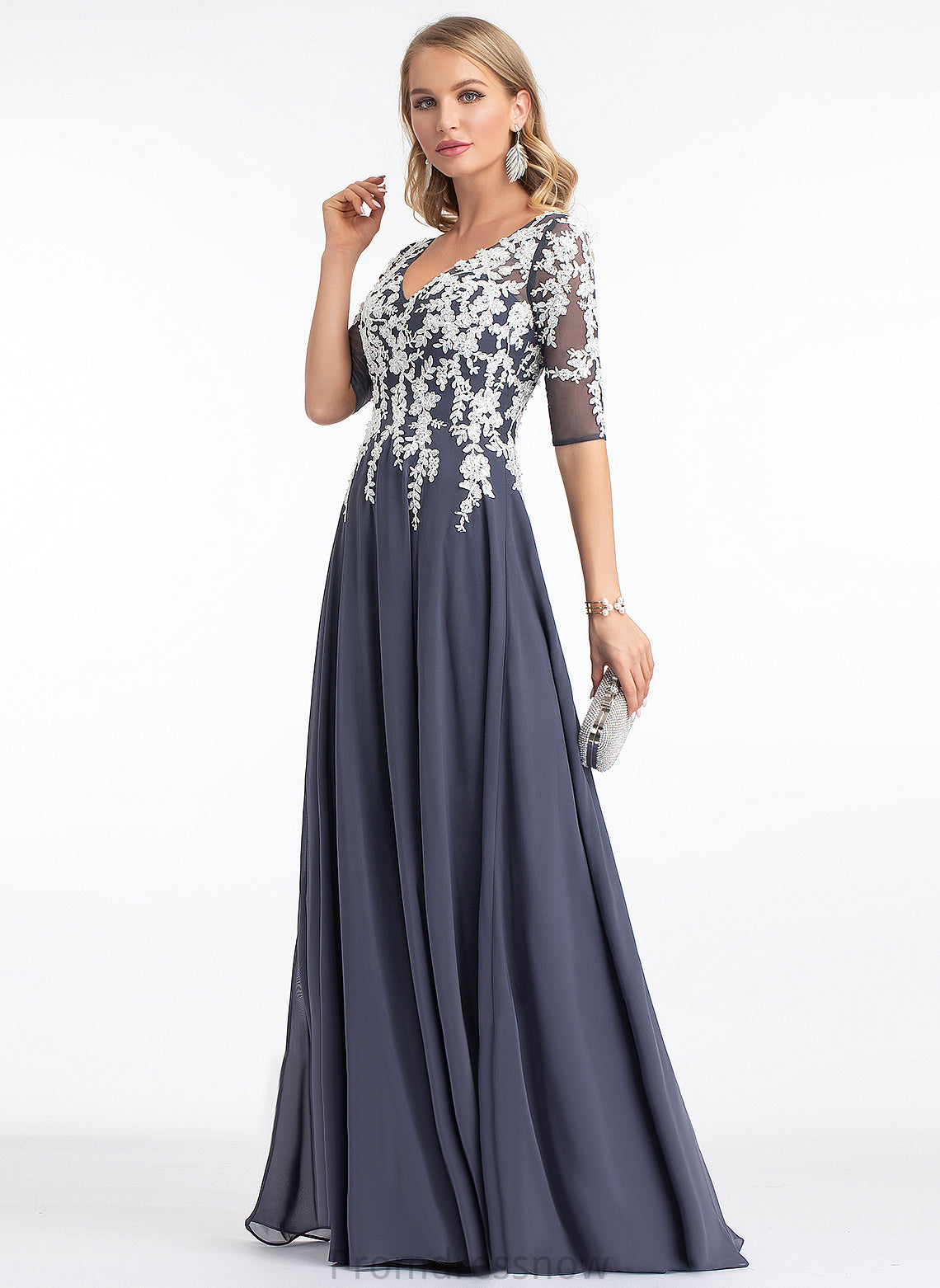 V-neck Floor-Length Lace A-Line Chiffon Prom Dresses Adalyn
