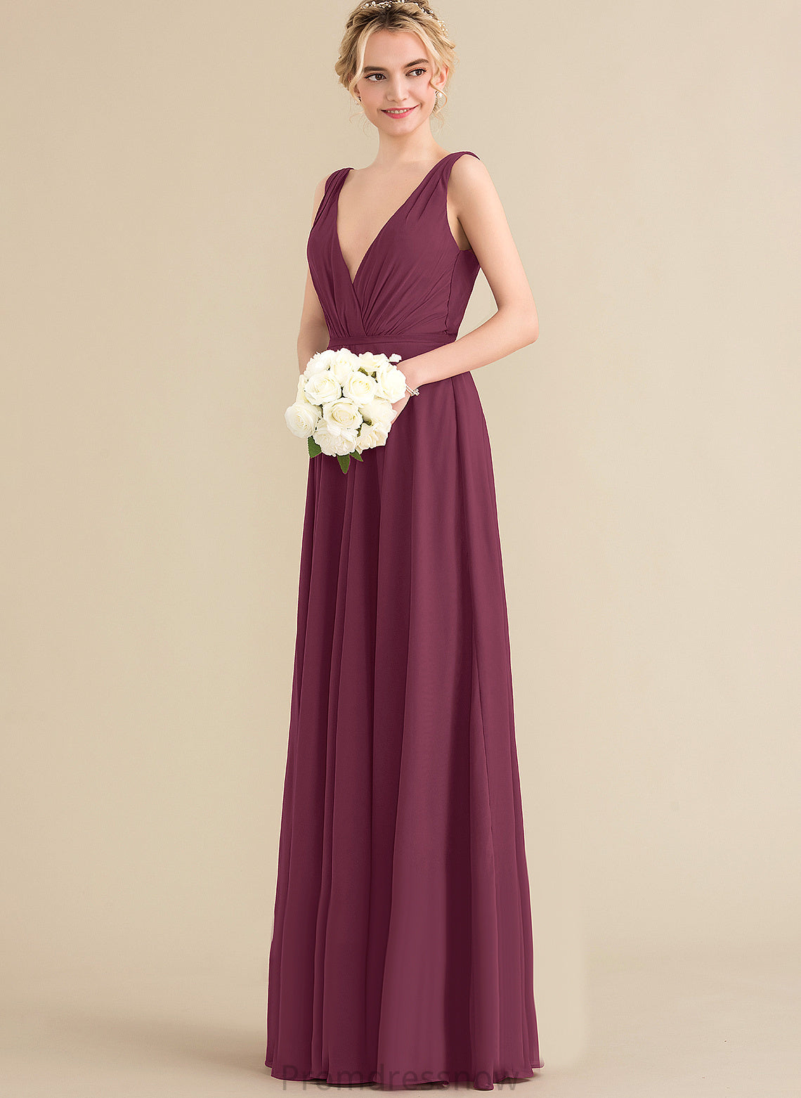 V-neck A-Line Pleated Prom Dresses With Chiffon Liz Floor-Length