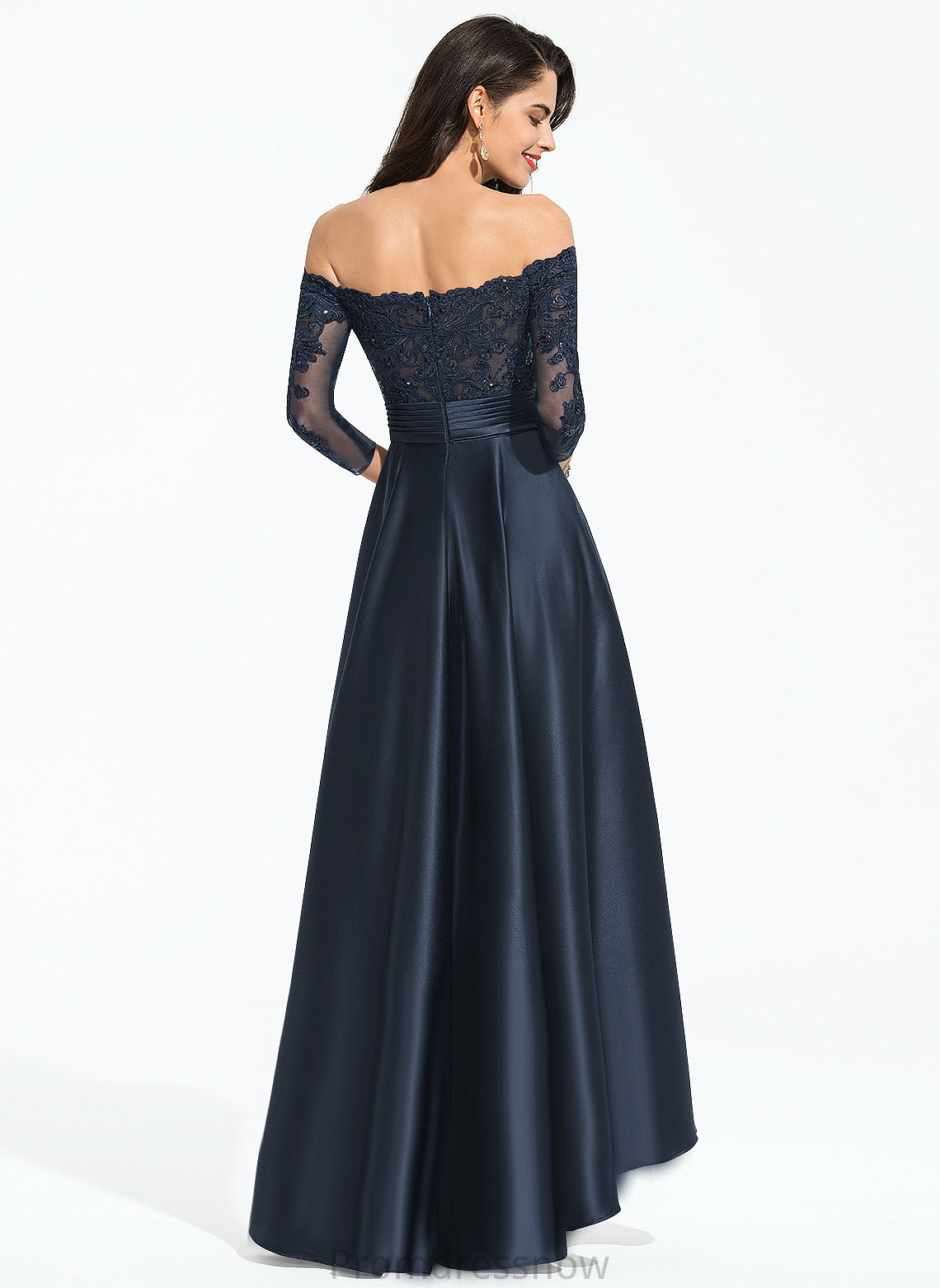 Cascading Off-the-Shoulder Asymmetrical A-Line Satin Lace Kaylie Sequins With Ruffles Prom Dresses