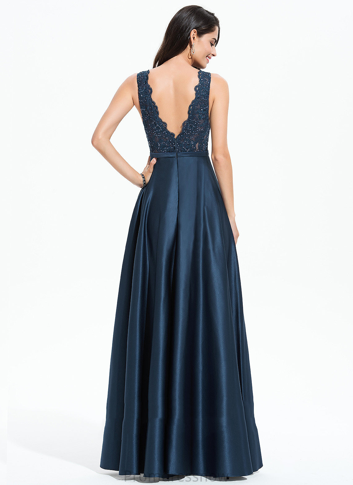 Lace Emelia With Floor-Length Satin Prom Dresses V-neck A-Line Sequins
