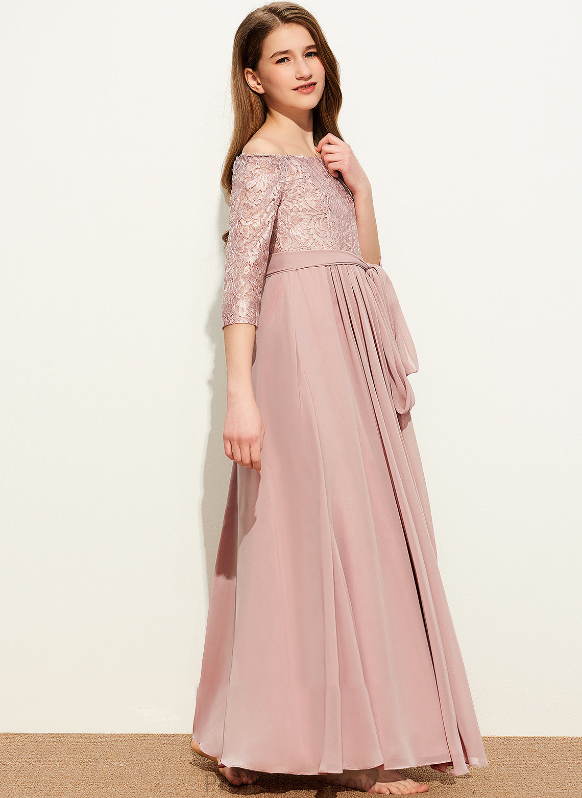 Off-the-Shoulder A-Line Chiffon Taniyah Floor-Length With Lace Bow(s) Junior Bridesmaid Dresses