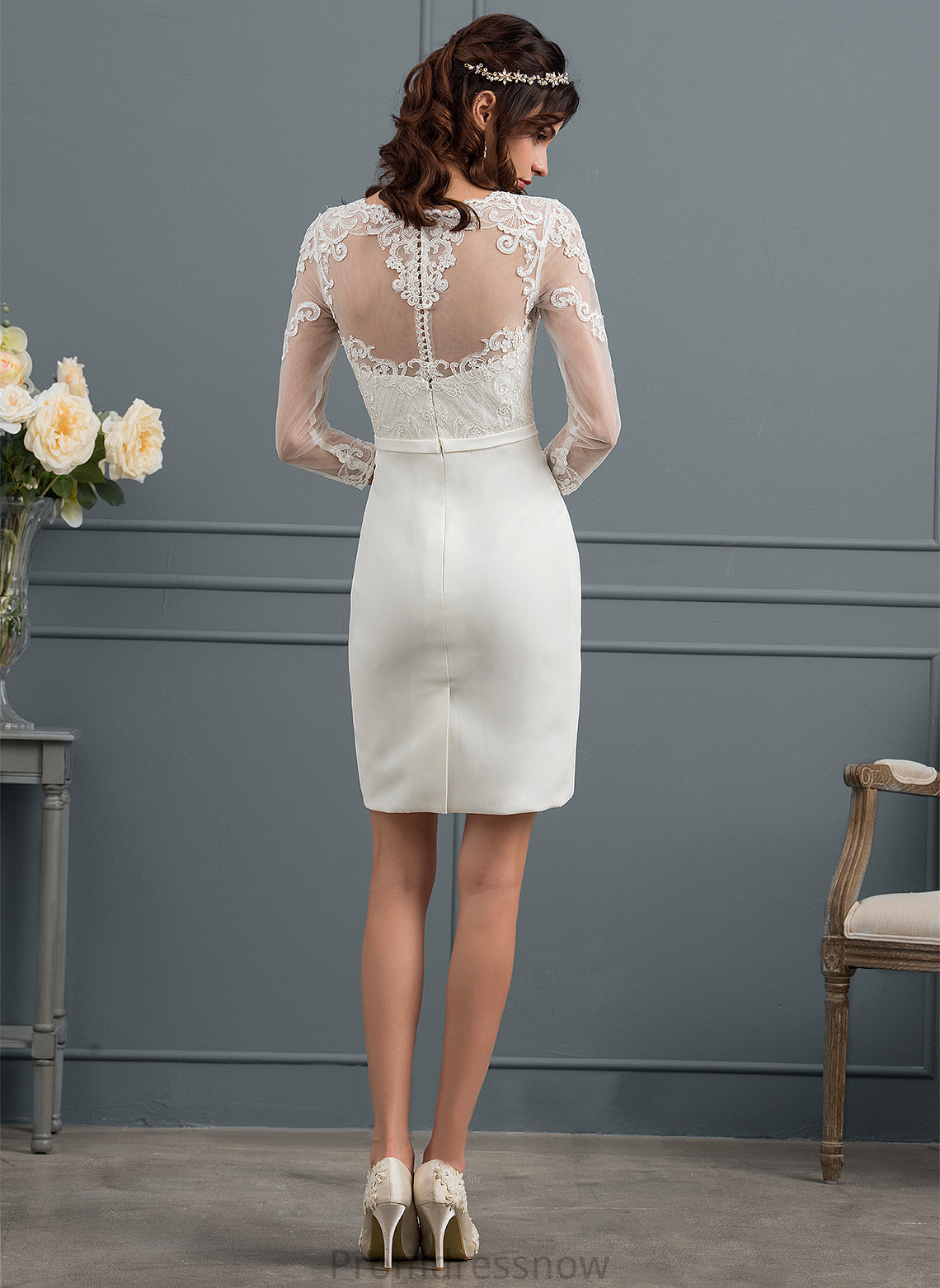 Sequins Knee-Length Sheath/Column Adrienne Wedding Dresses Illusion With Wedding Lace Bow(s) Dress