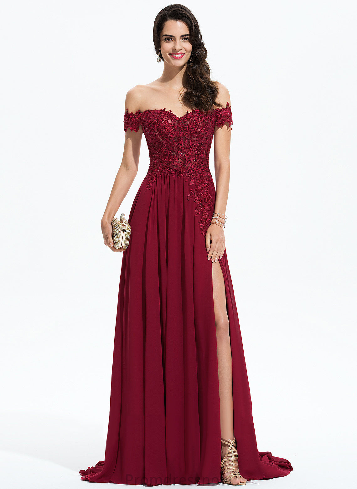 Natalie A-Line Prom Dresses Off-the-Shoulder Lace Sweep Sequins Chiffon Train With