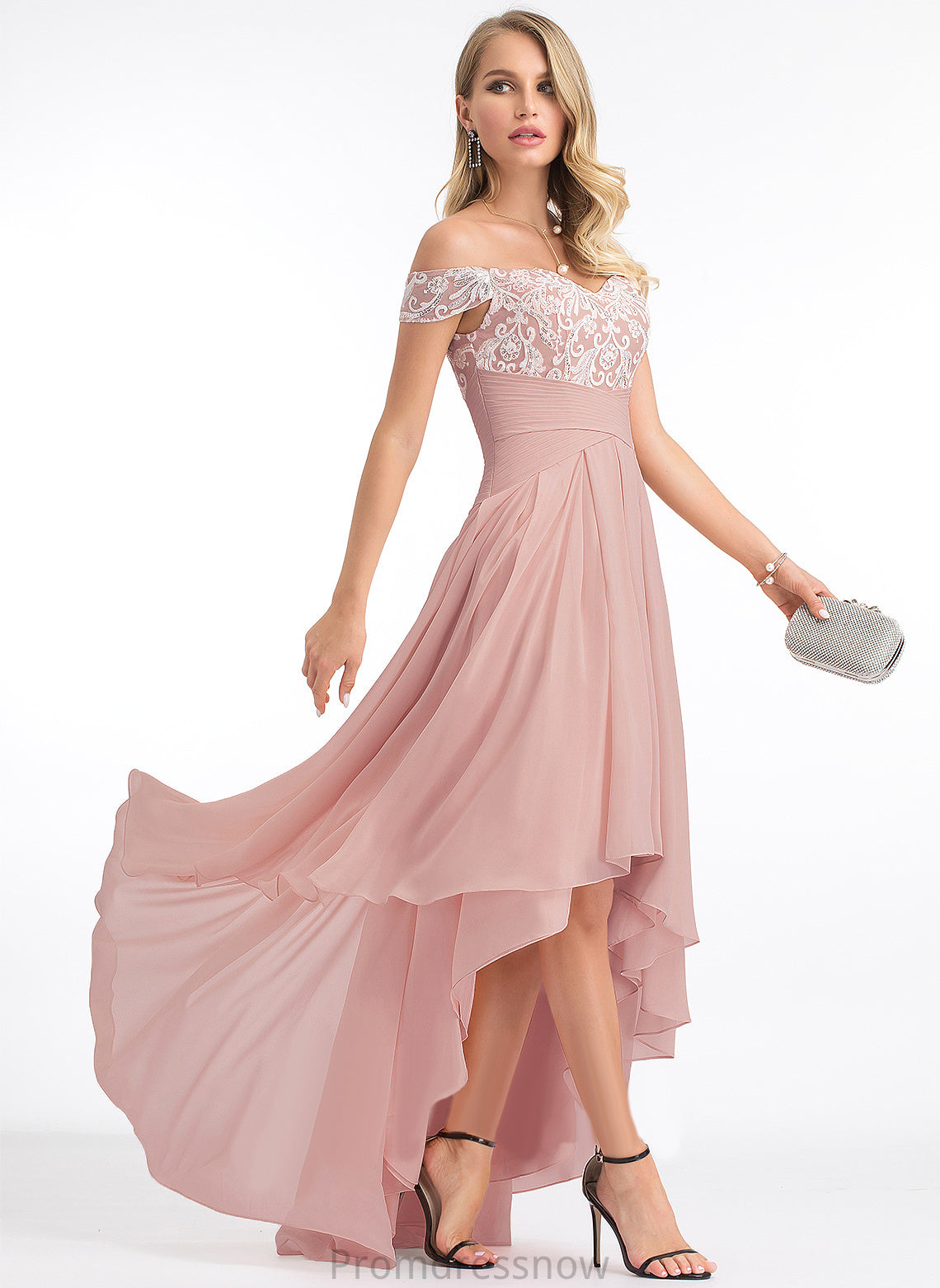 Off-the-Shoulder Chiffon Heaven Pleated With Asymmetrical A-Line Prom Dresses Lace
