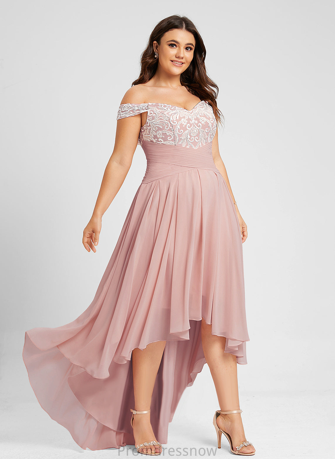 Off-the-Shoulder Chiffon Heaven Pleated With Asymmetrical A-Line Prom Dresses Lace